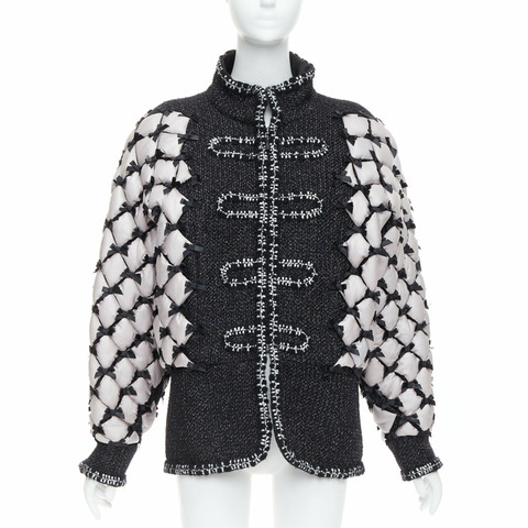 rare CHANEL 15A Brasserie Runway black tweed white quilted tromp loeil layered jacket FR50