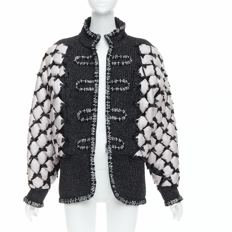 rare CHANEL 15A Brasserie Runway black tweed white quilted tromp loeil layered jacket FR50-2