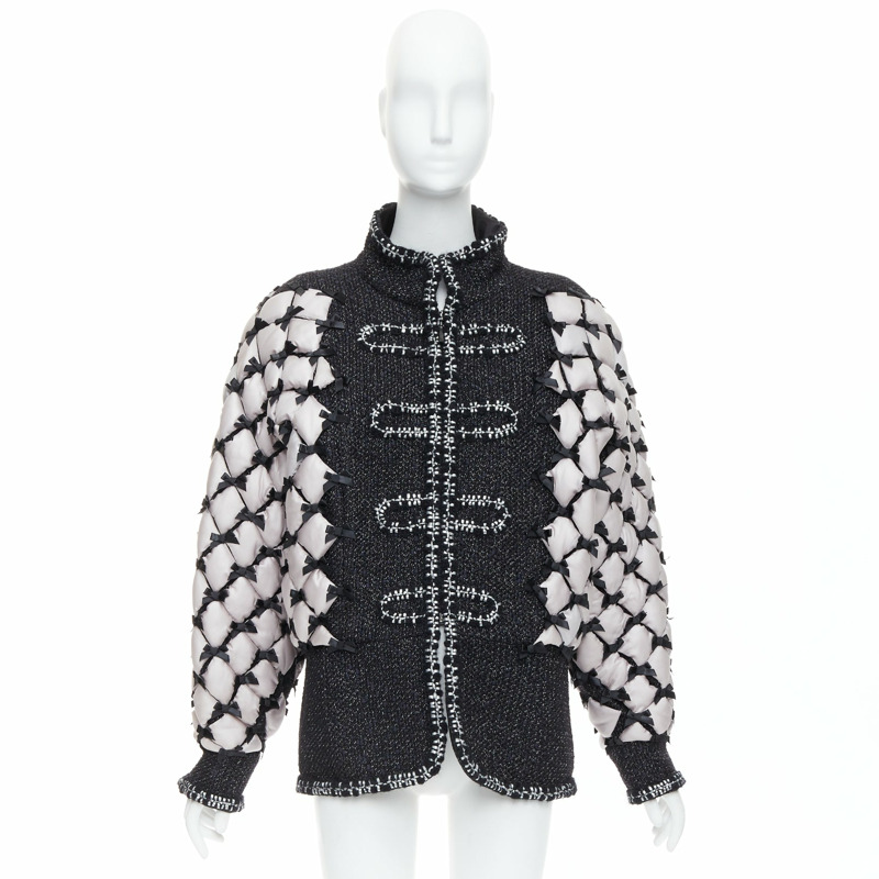 rare CHANEL 15A Brasserie Runway black tweed white quilted tromp loeil layered jacket FR50-13