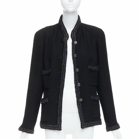 CHANEL 10A Paris Shanghai Runway black lattice tweed crochet trim 4 pocket  jacket FR46