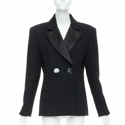 CHANEL 17A Runway Paris Cosmopolite black tweed double breasted tuxedo jacket FR44