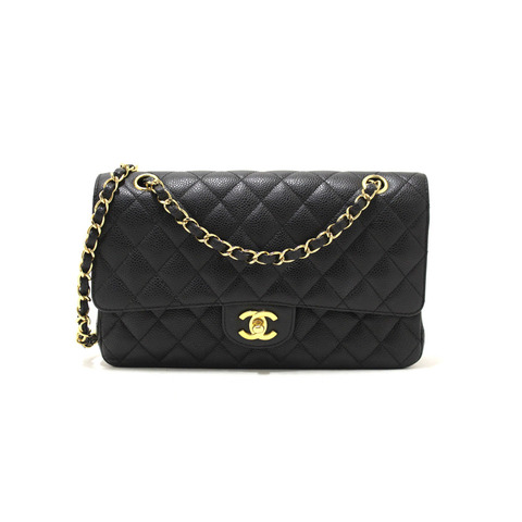 Chanel Classic Black Quilted Caviar Leather Classic Medium Double Flap Bag