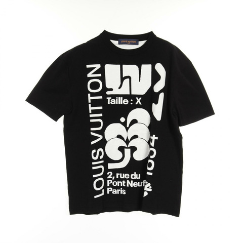 LOUIS VUITTON 圖案嵌花 T 卹 RM201 TZB 棉質人造絲黑 二手 男款 S