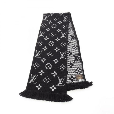 LOUIS VUITTON Echarpe Logomania 圍巾字母 M75833 羊毛絲綢黑色二手 LV