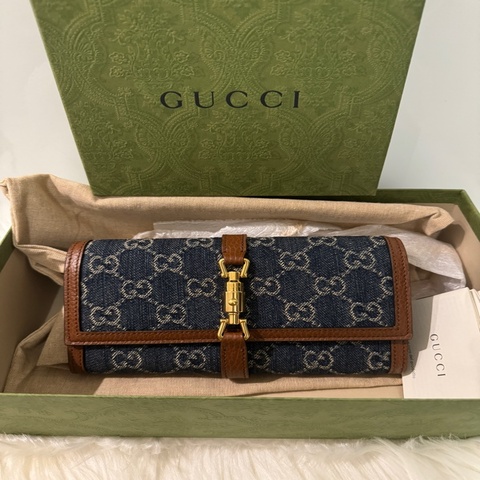 GUCCI Jackie 1961 金色鎖扣老花滿印鏈條多隔層卡槽 帆布拼皮 帆布包WOC鏈條包 單肩包斜挎包 小號 女款 藍棕拼色