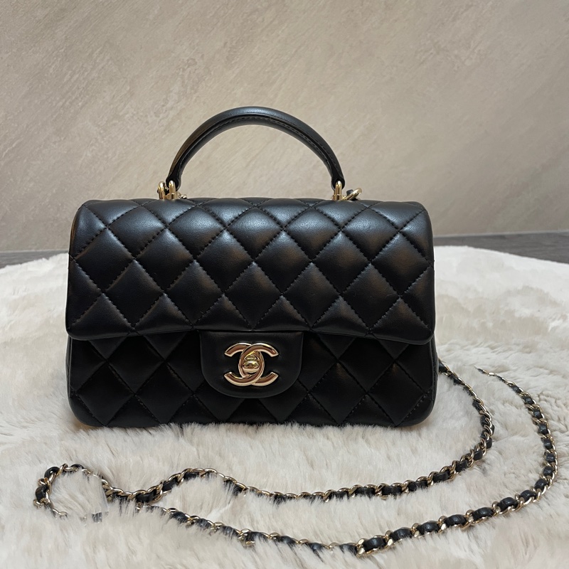 Chanel CF Mini Handle 20 黑色淡金釦 晶片款 羊皮-1