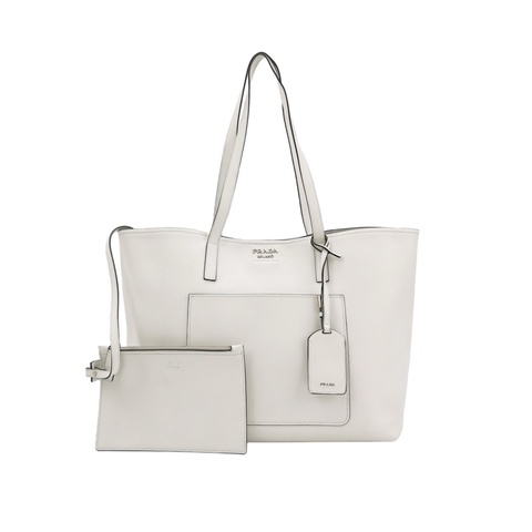 溫柔奶白色 ❤️Prada 牛皮純色字母Logo子母托特包
