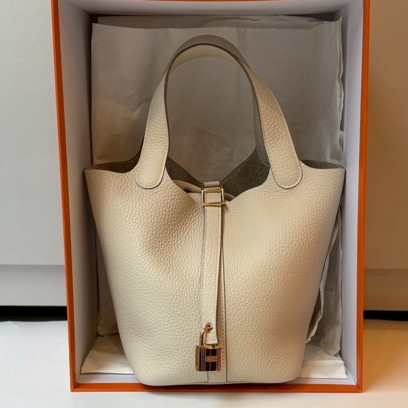 Hermes 金釦淺白灰色皮革菜籃子 18 picotin-0