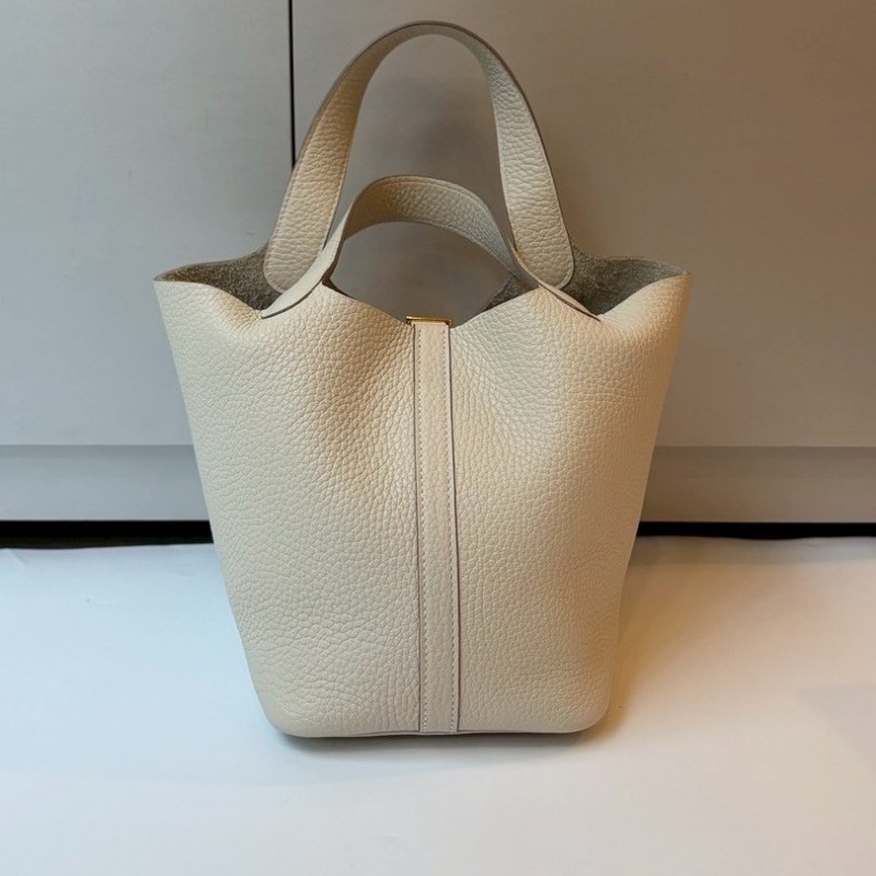 Hermes 金釦淺白灰色皮革菜籃子 18 picotin-1