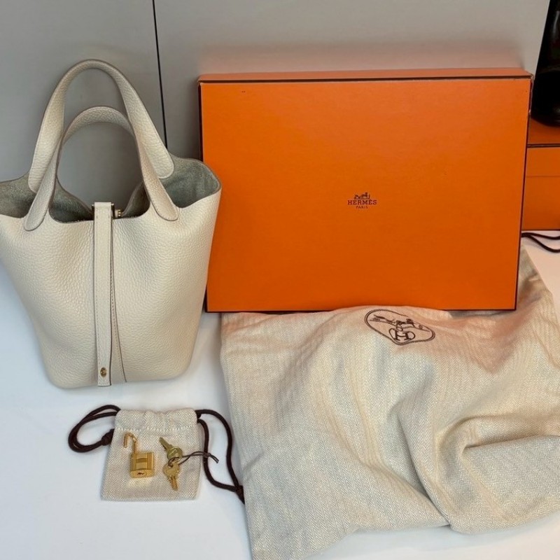 Hermes 金釦淺白灰色皮革菜籃子 18 picotin-2