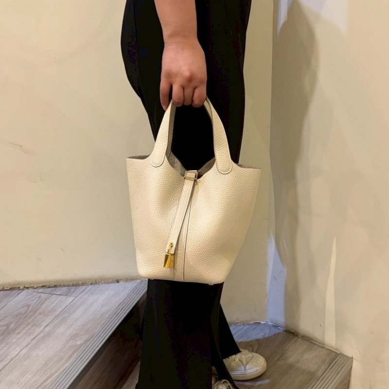 Hermes 金釦淺白灰色皮革菜籃子 18 picotin-3