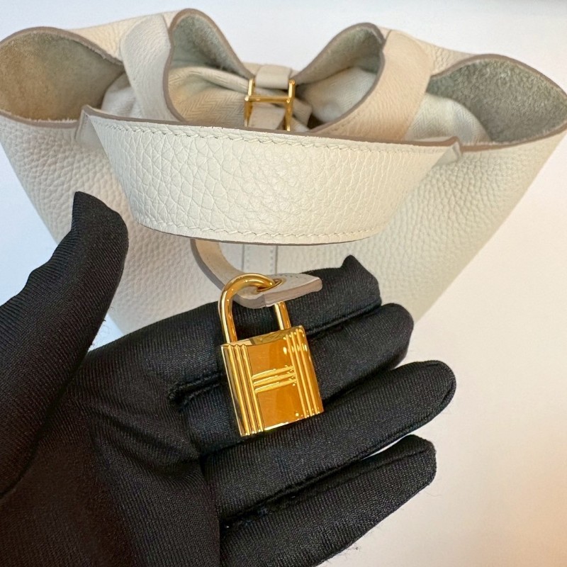 Hermes 金釦淺白灰色皮革菜籃子 18 picotin-4