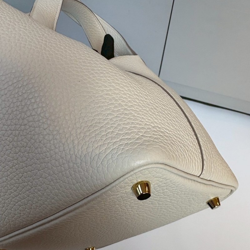 Hermes 金釦淺白灰色皮革菜籃子 18 picotin-7