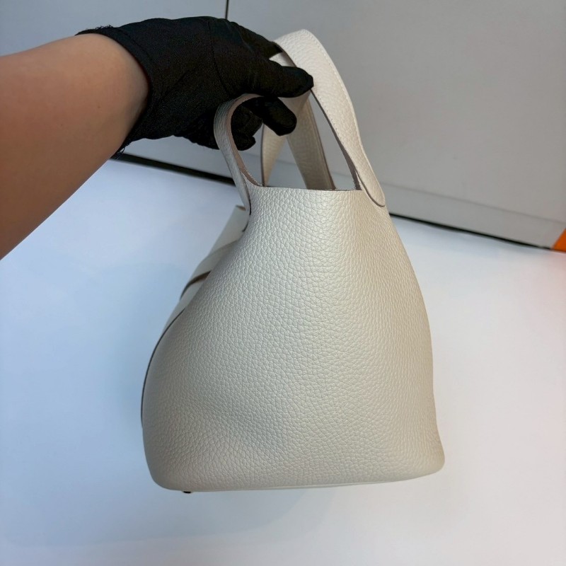 Hermes 金釦淺白灰色皮革菜籃子 18 picotin-8