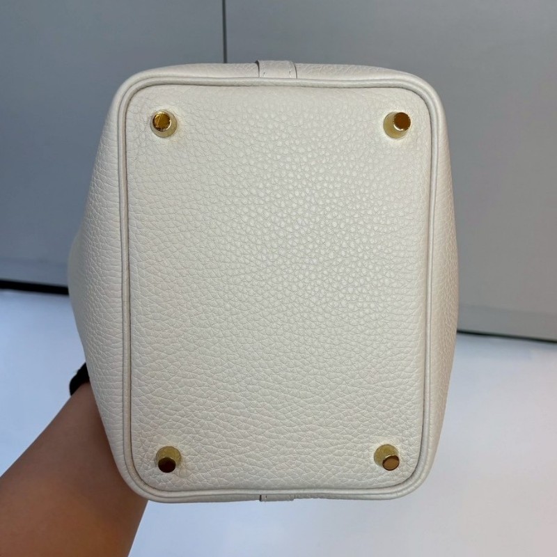Hermes 金釦淺白灰色皮革菜籃子 18 picotin-10