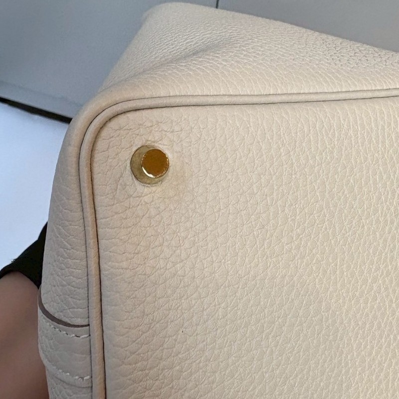 Hermes 金釦淺白灰色皮革菜籃子 18 picotin-11