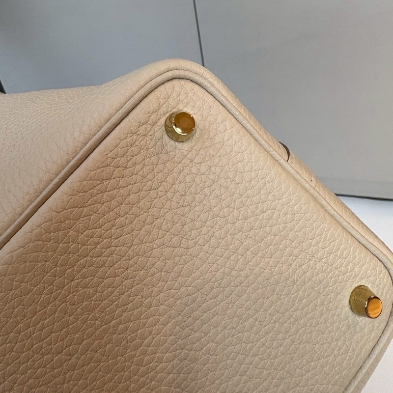 Hermes 金釦淺白灰色皮革菜籃子 18 picotin-12