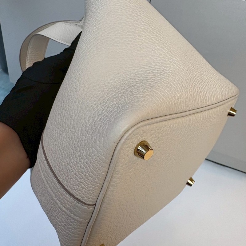 Hermes 金釦淺白灰色皮革菜籃子 18 picotin-13