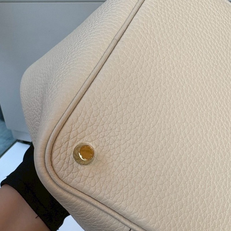 Hermes 金釦淺白灰色皮革菜籃子 18 picotin-14