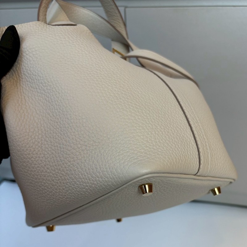 Hermes 金釦淺白灰色皮革菜籃子 18 picotin-15