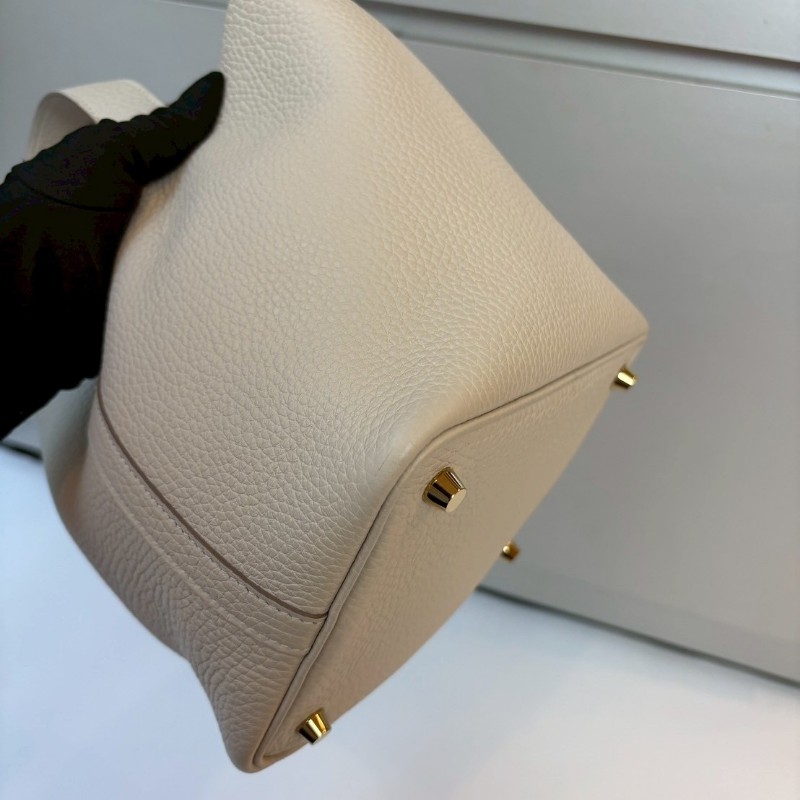 Hermes 金釦淺白灰色皮革菜籃子 18 picotin-17