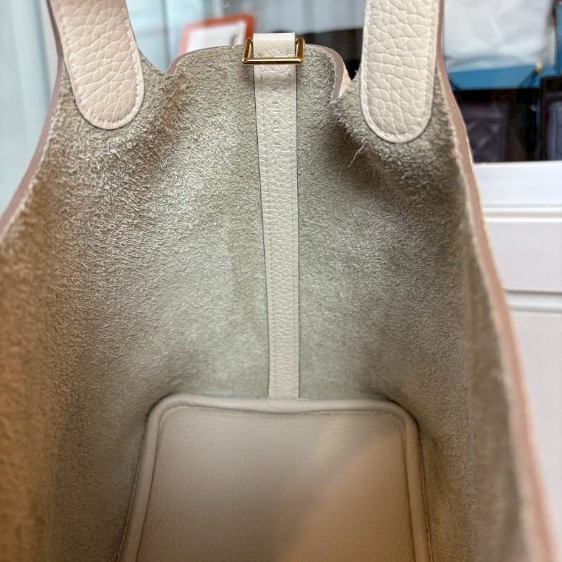 Hermes 金釦淺白灰色皮革菜籃子 18 picotin-18