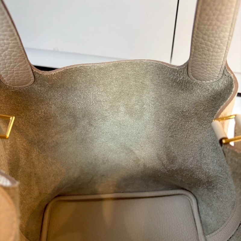 Hermes 金釦淺白灰色皮革菜籃子 18 picotin-19