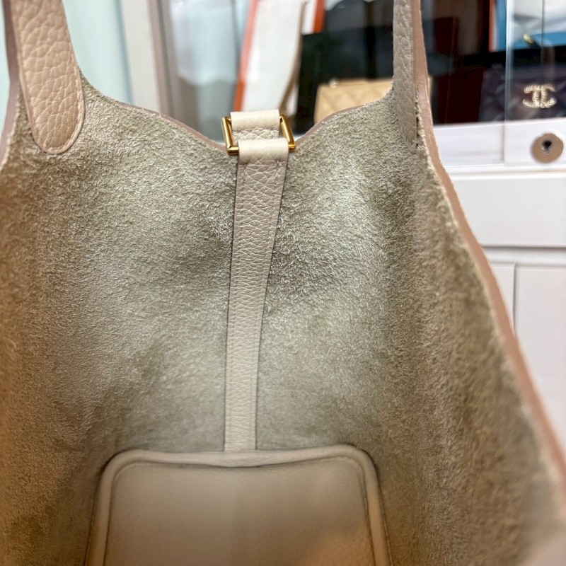 Hermes 金釦淺白灰色皮革菜籃子 18 picotin-20