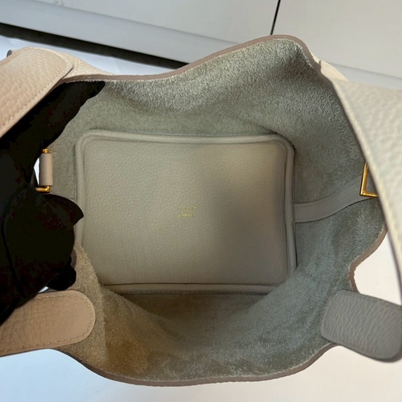 Hermes 金釦淺白灰色皮革菜籃子 18 picotin-21