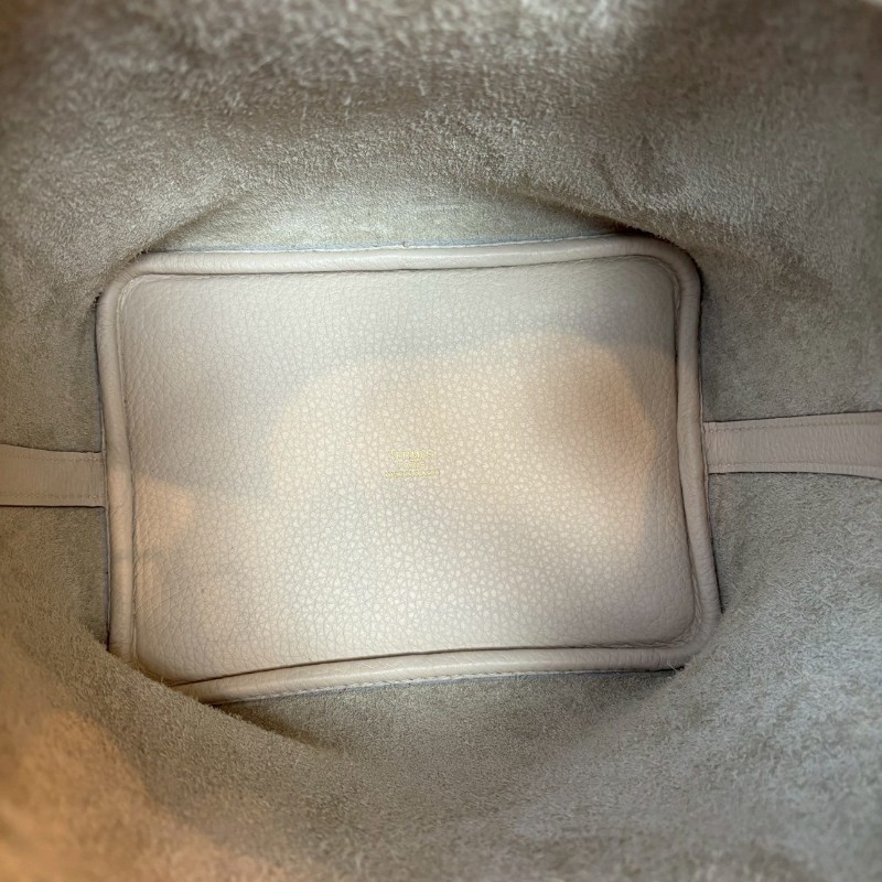 Hermes 金釦淺白灰色皮革菜籃子 18 picotin-22