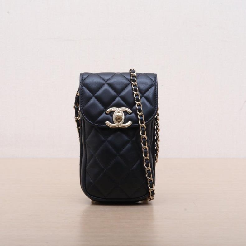 CHANEL(香奈兒)  黑色  28開 淺金扣 CF 經典菱格紋 金扣 手機包 鏈條包-0