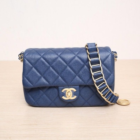 CHANEL(香奈兒) 21A CF 口蓋包 21.5cm 藍色 荔枝 晶片開 金扣 金幣雙皮穿鏈