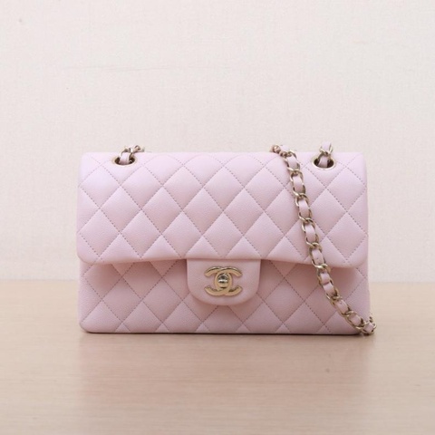 CHANEL(香奈兒) CF 口蓋包 小號 23cm 淡粉色 荔枝 晶片開 淺金扣 菱格紋