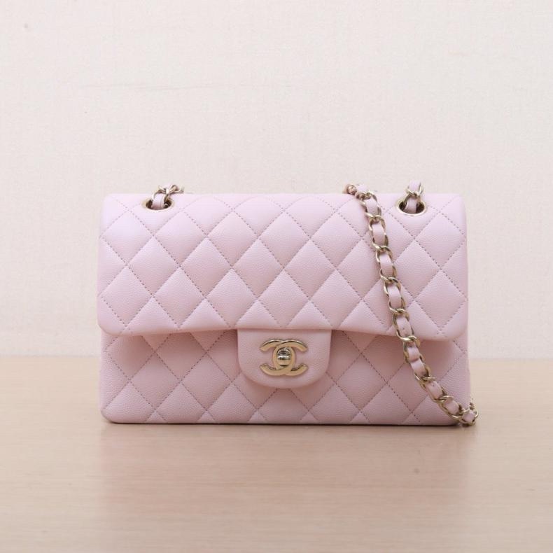 CHANEL(香奈兒) CF 口蓋包 小號 23cm 淡粉色 荔枝 晶片開 淺金扣 菱格紋-0