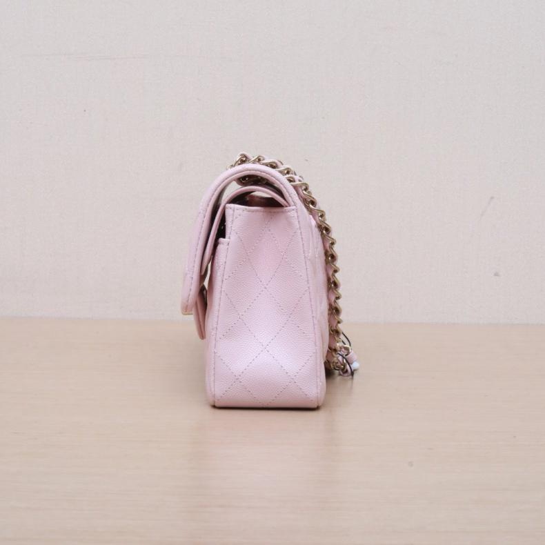 CHANEL(香奈兒) CF 口蓋包 小號 23cm 淡粉色 荔枝 晶片開 淺金扣 菱格紋-1