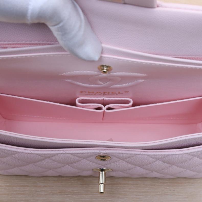 CHANEL(香奈兒) CF 口蓋包 小號 23cm 淡粉色 荔枝 晶片開 淺金扣 菱格紋-4