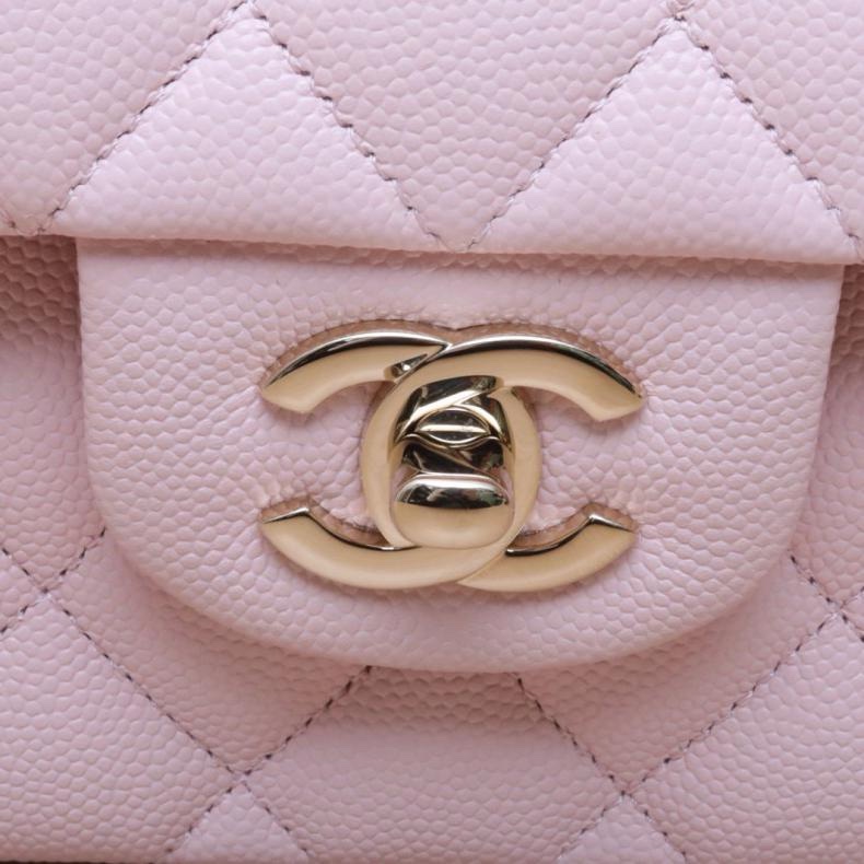 CHANEL(香奈兒) CF 口蓋包 小號 23cm 淡粉色 荔枝 晶片開 淺金扣 菱格紋-5