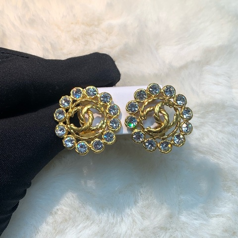 Chanel 香奈兒金色水鑽 浮雕太陽花耳夾 I446