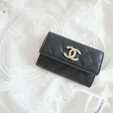 Chanel 黑色魚子醬牛皮翻蓋卡包 散子包咭片包
