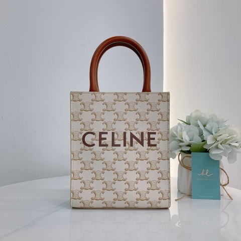 MS0278 賽琳 豎版 迷你 托特包 帆布 經典老花紋 手提 斜垮Celine Mini Vertical Cabas In Triomphe Canvas With Celine Print White