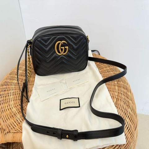 全新GUCCI 黑色447632 GG Marmont馬夢小牛皮古銅鏈相機包