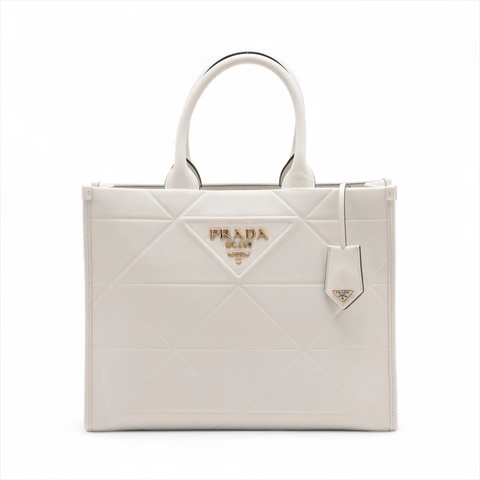 Prada Symbol top stitching Leather Hand bag White 普拉達托特包