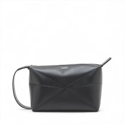 Loewe puzzle fold wash bag Leather Second bag Black 羅意威幾何手拿包