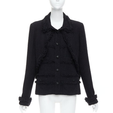 CHANEL 08A Runway black tweed braided fringe trim tromp loeil layered 4 pocket jacket FR46