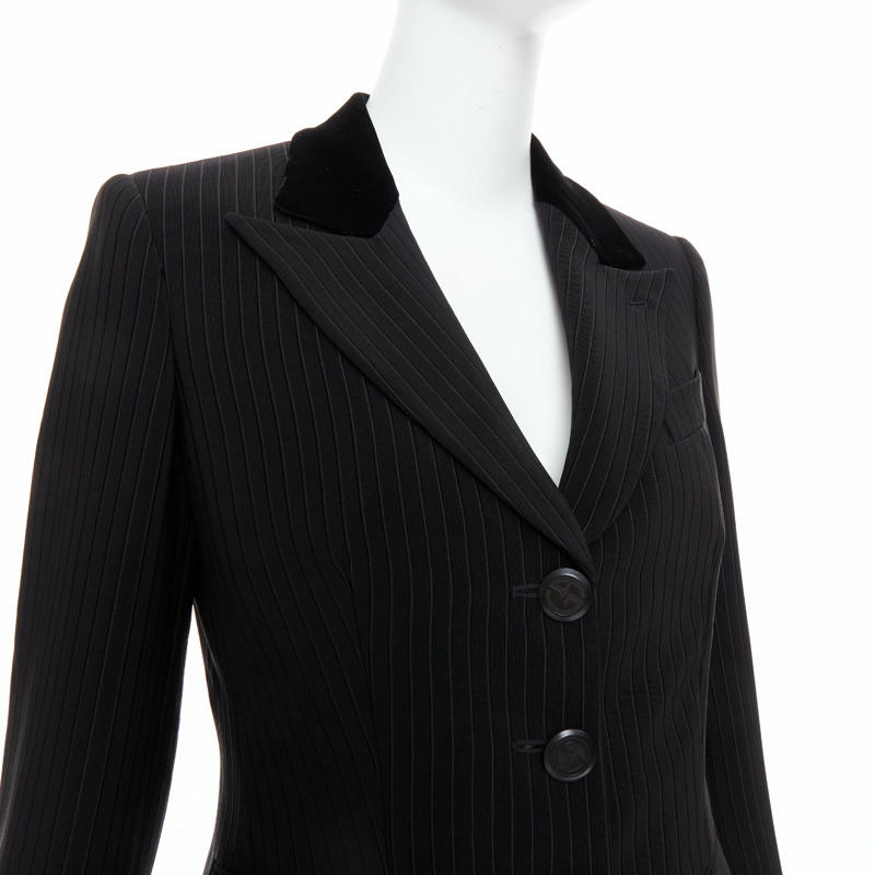 GIORGIO ARMANI black pinstripe velvet trim cropped tuxedo blazer IT40 S-1
