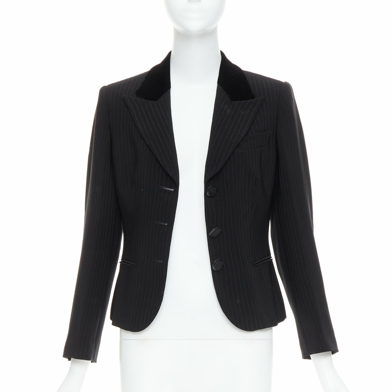GIORGIO ARMANI black pinstripe velvet trim cropped tuxedo blazer IT40 S-2