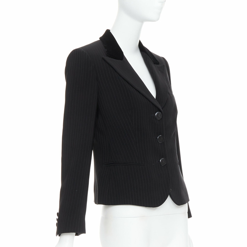 GIORGIO ARMANI black pinstripe velvet trim cropped tuxedo blazer IT40 S-3