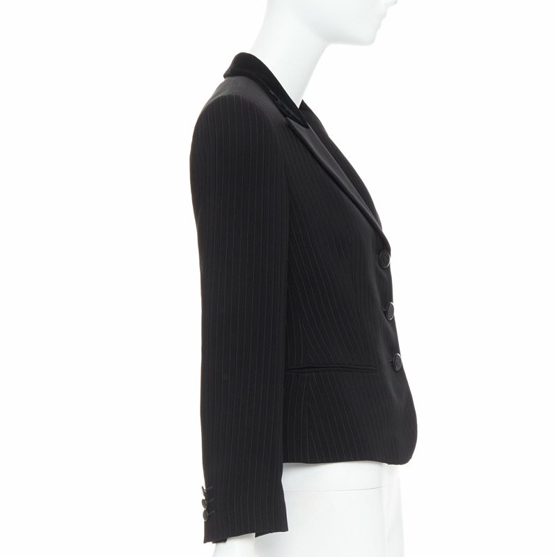 GIORGIO ARMANI black pinstripe velvet trim cropped tuxedo blazer IT40 S-4