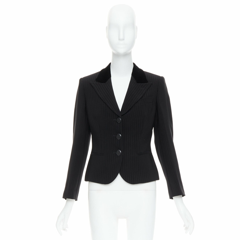 GIORGIO ARMANI black pinstripe velvet trim cropped tuxedo blazer IT40 S-9