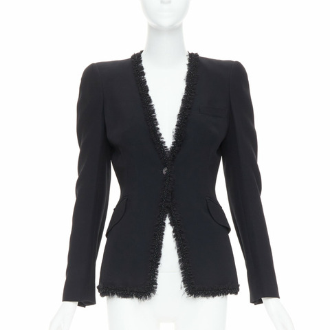 ALEXANDER MCQUEEN 2011 black beads frayed ruffle collar fitted blazer jacket IT40 S